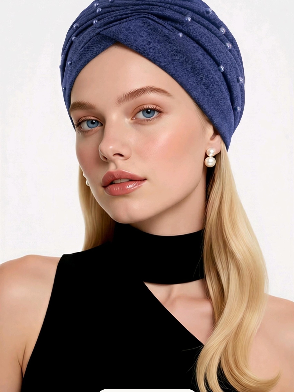 Pearl-Embellished Navy Turban Headwrap